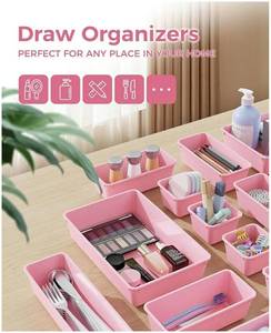 lot 17362 image: 22 PCS Plastic Drawer Organizers Set, 4-Sizes Vanity and Makeup Organizer, Desk and bathroom Drawer Organizer Trays, Organizers and Storage for Makeup, Jewelry, Gadgets, Utensils (Pink) - Retail $20