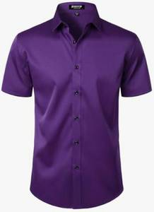 lot 17368 image: Mens Stretch Wrinkle Free Dress Shirts Formal Wedding Prom Short Sleeve Slim Fit Button Down Shirt PURPLE 2XL - Retail $20