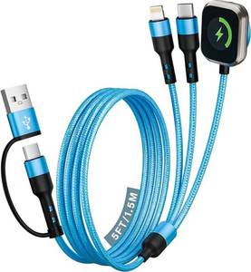 lot 17369 image: Cruise Travel Essentials 2026, 3 in 2 USB AC Cable to iPhone 17 ChargeriWatch ChargerIP, Braided Multi Charging Cable Cord, Multi Charger Cable for iWatch Series & iPhone17-11iPad Blue, 5FT - Retail $16