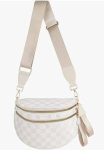 lot 17404 image: Checkered Crossbody Bag Bum Bag for Women,Spacious Checkered Purse Fanny Packs Belt Bag, Beige and White - Retail $25