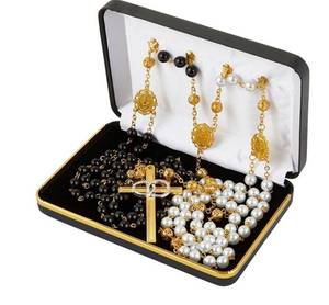 lot 17408 image: Rosary Lasso for Wedding Ceremony with Case, Gold Tone Crucifix and Medals with Black and Ivory Beads, Traditional Catholic Marriage Lazo Cord Unity Rope. - Retail $40