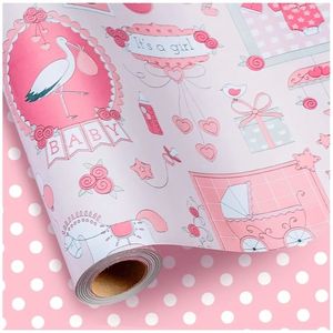 lot 17411 image: Pink Baby Girl Wrapping Paper Roll - Mini Roll - 17 Inch x 16.5 Feet - Baby Toy, Stroller and Apparel & Polka Dots Reversible Gift Wrap for Baby Shower, Birthday, Gender Reveal, Holiday - Retail $10