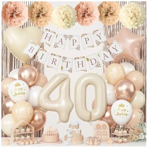 lot 17417 image: 40th Beige Birthday Decorations for Women, Cream Foil Number 40 Neutral Heart Tan Star Balloons Boho White Gold Nude Balloon with Happy Birthday Banner Fringe Curtain Paper Pom Poms Party Supplies ALL PARTS MAY NOT BE  INCLUDED - Retail $19