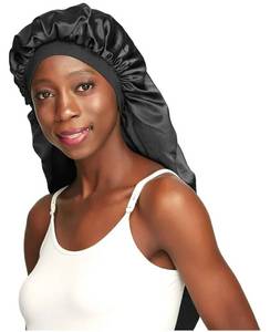 lot 17429 image: Long Braids Satin Bonnet Jumbo Sleep Cap to Protect Hair Black - Retail $15