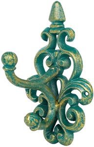 lot 17432 image: Vintage Cast Iron Double Wall Hook, Antique Green Ornate Scroll Hanging Hook for Coat, Hat, Towel - Shabby Chic Entryway, Bathroom, Bedroom & Kitchen D�cor - Retail $30