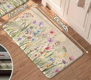 lot 17437 image: Anti Fatigue Kitchen Mat, 17x29 Floral Kitchen Rug, Farmhouse Kitchen Floor Mats Non-Slip Cushioned, Comfort Standing Desk Mat for Sink, Laundry,Home Brown - Retail $15