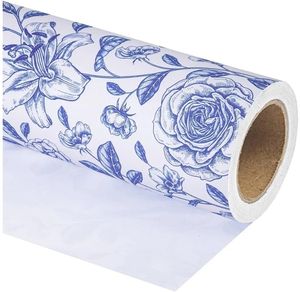 lot 17438 image: Kraft Blue and White Floral Wrapping Paper Roll - Mini Roll - 17 Inch x 33 Feet - Vintage Toile Blue Floral Paper for Birthday, Bridal Shower, Wedding, Baby Shower - Retail $10