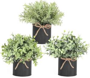 lot 17442 image: 3 Pack Small Fake Plants in Black Galvanized Metal Pots Artificial Eucalyptus Plants for Christmas Decorations Shelf Desk Home Farmhouse Room Coffee Table Bathroom Decor - Retail $20