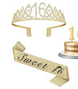 lot 17459 image: Sweet 16 Party Decorations for Girls with Sweet 16 Sash Gold, Rhinestone 16th Birthday Tiara, 16th Birthday Gifts for Girls - Retail $10
