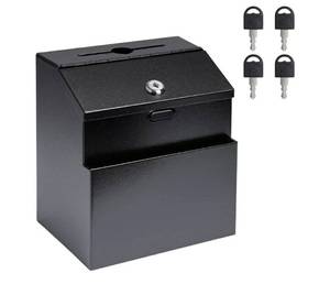 lot 17476 image: Suggestion Box with Slot and Lock Metal Wall Mounted BallotComplaintCollectionDrop Box. FRONT HOLDER FOR PAPER is BENT also BACK BOTTOM. - Retail $18