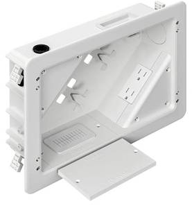 lot 17477 image: in-Wall TV Box with Flange for Home Theater Installation, 11.9 x 8.4 Cord Hider for Wall Mounted TV, with 2 Outlets, Cable Bracket, LV Cable & 1-12 ENT Entrance, Ideal for New or Retrofit. - Retail $40