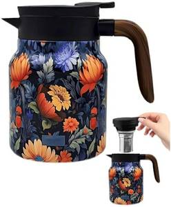 lot 17490 image: Floral Pattern Tea Pots �� Built-in Infuser,Vintage Floral Teapot with Built In Infuser Stainless Steel Thermal Carafe with Lid for Hot Drinks,Purple(Wooden handle,35oz) - Retail $27