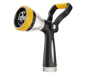 lot 17491 image: Heavy Duty Firemans Hose Nozzle, Metal Water Nozzle with 8 Spray Patterns, High Pressure Garden Hose Sprayer with Lever Control and Non-Slip Grip. - Retail $29