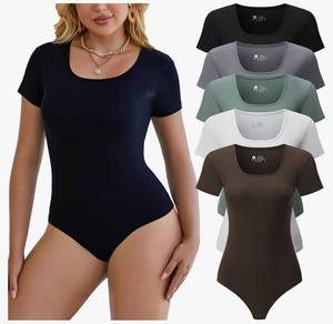 lot 17501 image: 5 Pack Short Sleeve Bodysuits for Women Square Neck Casual Stretchy Basic Body Suits Tops T Shirts S - Retail $28
