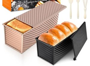 lot 17503 image: 2Pack Pullman Loaf Pans with Lids �� 2.2 LB & 1 LB Dough Capacity, Non-Stick Carbon Steel Bread Pans for Homemade Sandwich and Sourdough Bread, Corrugated Toast Mold - Retail $26