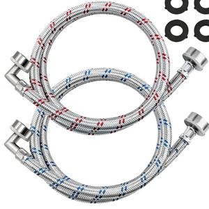 lot 17508 image: 4FT Stainless Steel Washer Hoses with 90 Degree Elbows by Beaquicy - 2 Pack No-Lead Burst Proof Hot & Cold Water Connection Inlet Washer Supply Lines - Retail $17