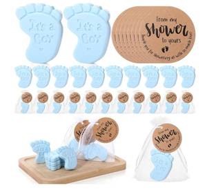 lot 17511 image: 50 Sets Baby Shower Soap Favors for Guests Boy Girl Mini Handmade Scented Soaps with Thank You Tags and Organza Bags for Shower Gender Reveal Party Favors(Blue Footprint, Its A Boy) - Retail $26