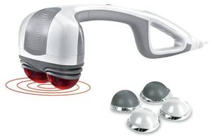 lot 17520 image: Homedics Back Massager - Heated Automatic Percussion Back, Body and Neck Massager with Duel Pivoting Heads, Interchangeable Nodes, for Shoulders, Legs and Feet, White - Retail $49