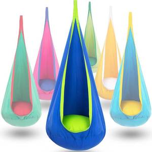 lot 17532 image: Y- STOP Pod Swing for Kids, Sensory Indoor Hanging Hammock Chair with Inflatable Pillow Sensory Cocoon Pod Swing Seat for Kids with Pocket for Indoor and Outdoor Blue and Green - Retail $40