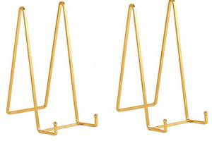 lot 17538 image: Large Plate Holder Display Stand - 15 inch Super Tall Big Plate Stands for Heavy Duty Display - Metal Picture Frame Stand - Tabletop Easel Stand for Decorative Platter  Plaque  Book - 2 Pack. - Retail $18