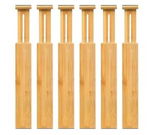 lot 17543 image: 6-Pack Adjustable Bamboo Drawer Dividers, Expandable Drawer Organizer for Kitchen Utensils, Clothes, Bathroom, Office �� Fits Drawer Interiors 16.6 to 21.8. - Retail $35