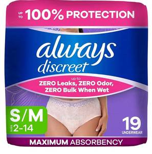 lot 17546 image: Always Discreet Adult Diapers for Women, Incontinence Underwear, Postpartum Essentials, Disposable Briefs, Max Absorbency, Bladder Leak Protection, SmallMedium, 19ct. - Retail $15