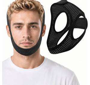 lot 17549 image: Chin Strap for Sleeping, Adjustable Breathable Jaw Support, High Elasticity Snoring Reduction Aid for Men and Women - 22In Black - Retail $10
