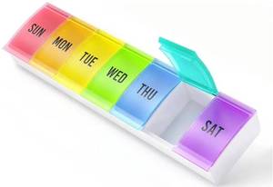 lot 17552 image: Medium Size Pill Organizer Weekly, 7 Day Medicine Pill Organizers, Daily Pills Box Case Travel for Big Vitamin Supplements Fish Oil, Multi-Colored - Retail $8