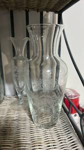 lot 40441 image: Etched Clear Glass Vase and Bud Vase Set