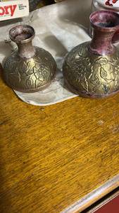 lot 40460 image: Pair of Brass Embossed Floral Bud Vases