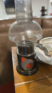 lot 40462 image: Black Lacquer Oil Lamp with Red Poppy Design