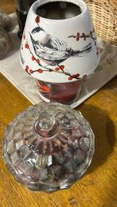 lot 40466 image: Chickadee Ceramic Candle Shade with Jar Candle and Glass Lidded Candy Dish