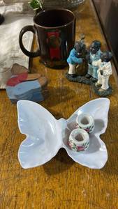 lot 40469 image: Mixed Collectibles Lot - Figurines, Mug, Candle Holder and Wood Bear