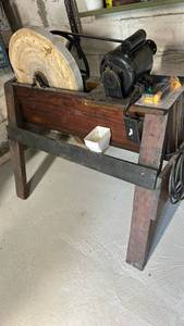 lot 40496 image: Electric Bench Grinder on Wooden Stand with Large Stone Wheel