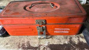 lot 40503 image: Red Metal Utility Tackle Box with Fishing Gear