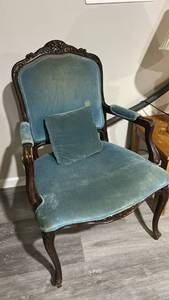 lot 60478 image: French Provincial Style Carved Wood Armchair with Blue Velvet Upholstery set of 2