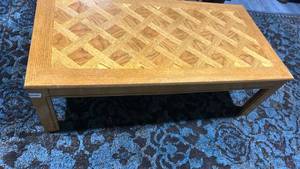 lot 60482 image: Oak Parquet Top Coffee Table and End Table Set of 3