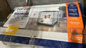 lot 60485 image: Top Paw 36-Inch Double-Door Folding Dog Crate with Soft-Sided Pet Carrier Bag