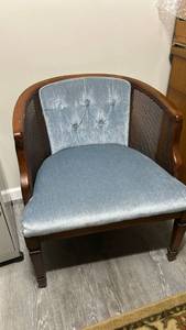 lot 60492 image: Cane Side Barrel Chair with Blue Velvet Tufted Upholstery