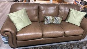 lot 60500 image: Brown Leather Three-Seat Sofa with Nailhead Trim