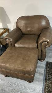 lot 60501 image: Brown Leather Oversized Armchair and Ottoman Set