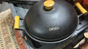 lot 60521 image: 14-Inch Cast Iron Wok Set with Lid and Steamer Rack