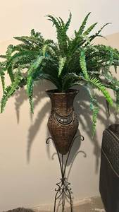 lot 60532 image: Tall Wicker Urn Planter on Wrought Iron Stand with Artificial Fern