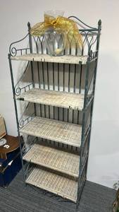 lot 60537 image: 5-Tier Wrought Iron and Wicker Bakers Rack Shelving Unit