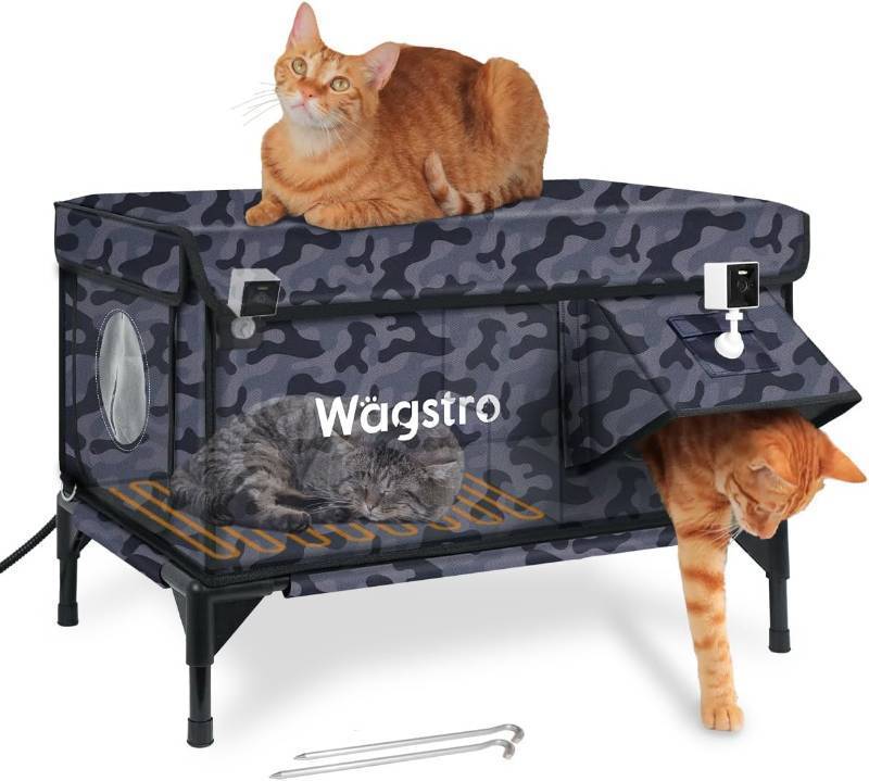 lot 391728 image: Retails for $110 Heated Cat House for Outside, Highly Elevated with Escape Door, Insulated Waterproof Outdoor Cat House Shelter for Feral Stray Barn Cat (Camo Black, 25.6x16.5x18.5)