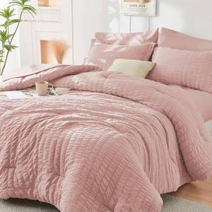 lot 142222 image: HYMOKEGE Rose Gold King Size Comforter Set Seersucker 7 Pieces, All Season Luxury Bed in a Bag for Bedroom, Bedding Set with Comforters, Sheets, Pillowcases & Shams