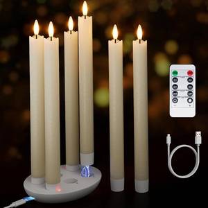 lot 142223 image: Rechargeable Flameless Taper Candles with Remote, Charging Base, 6 Pcs  0.78x9.6 ivory wax LED tapers, 3D flicker, 2.5-hour USB-C charge, up to 160-hour runtime for Home Wedding Christmas Decor