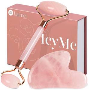 lot 142232 image: BAIMEI IcyMe Rose Quartz Roller & Gua Sha Facial Tool Set for Depuffing  Cooling Face Roller for Lymphatic Massage,Sculpting Tool for Face, Eyes & Neck, Skin Care Gifts for Women,Spa & Travel Use