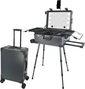lot 142235 image: Retails for $246 Rolling Makeup Case with LED Light Mirror Adjustable Legs Lockable Train Table Studio Artist Cosmetic Carry-on Size Grey