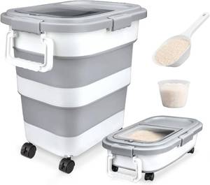 lot 142242 image: Komzon Rice Storage Container, Collapsible Airtight 10-40 Lb Rice Storage Container, 25lb Pet Dog Food Storage Container, Rice Dispenser Bin with Cup and Scoop for Flour Cereal Pasta Grain, Cat Bird